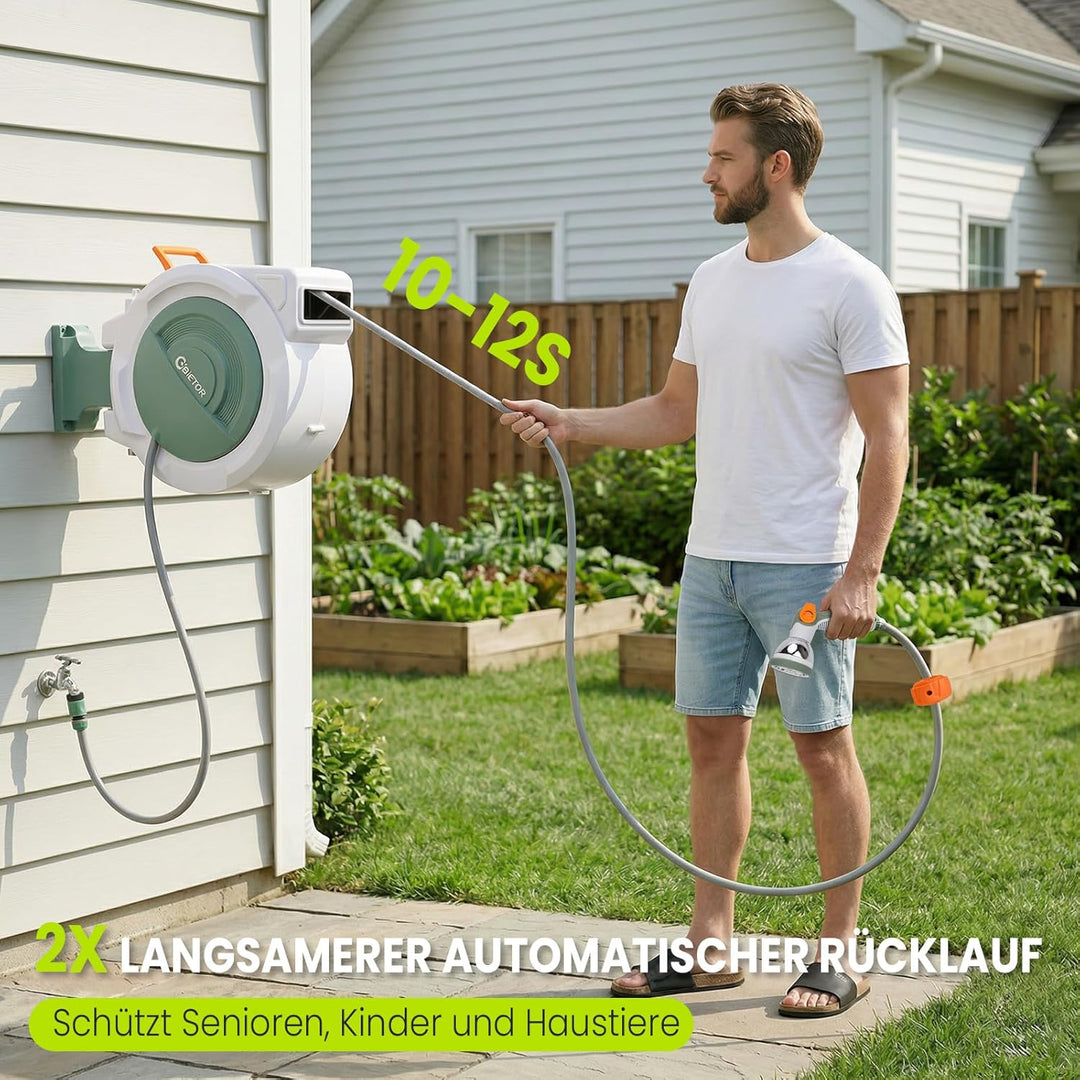 Schlauchtrommel Wasser 30m + 2m, 180° Schwenkbar Wand-Schlauchbox, Automatischer Gartenschlauch trom