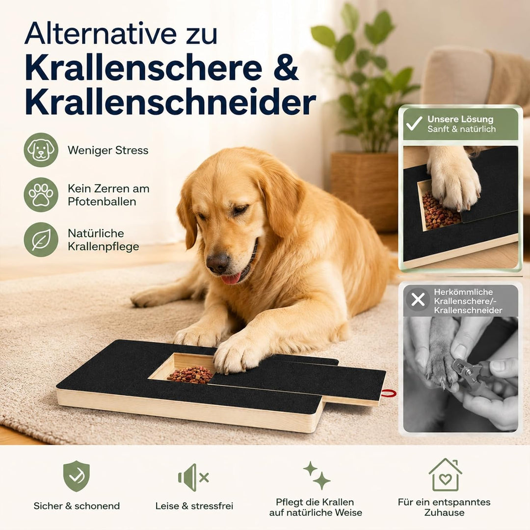 Krallenschleifer für Hunde, Holz Kratzbrett 35x25x3cm mit Leckerlibox | mit 2 Schleifpapieren, stres