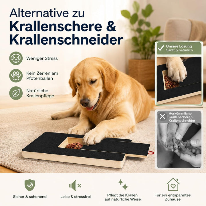 Krallenschleifer für Hunde, Holz Kratzbrett 35x25x3cm mit Leckerlibox | mit 2 Schleifpapieren, stres