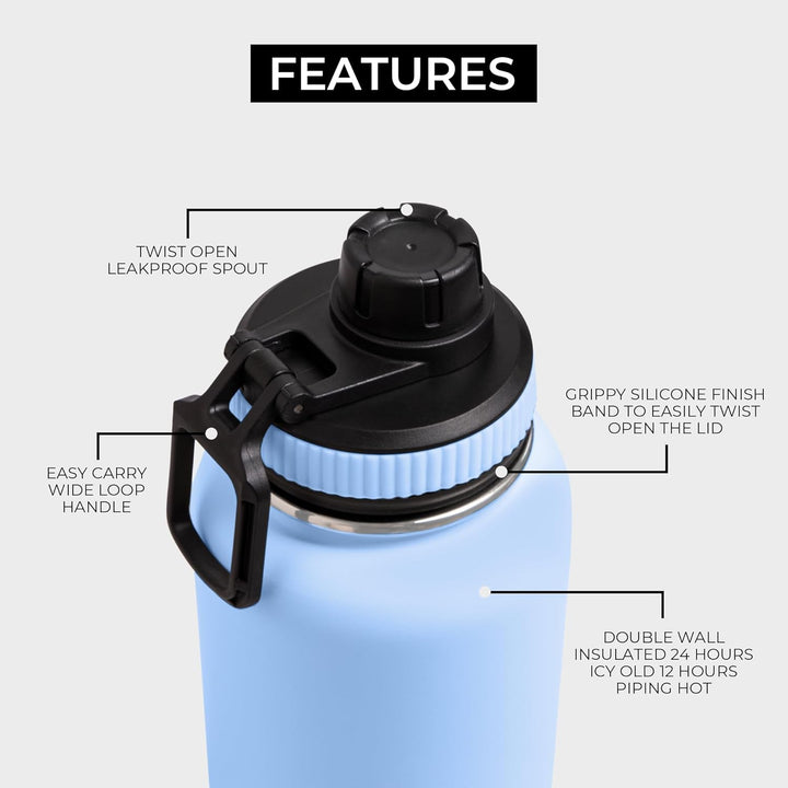 BOZ Isolierte Edelstahl-Wasserflasche mit breiter Öffnung, BPA-frei, doppelwandig, hellblau, Hellbla