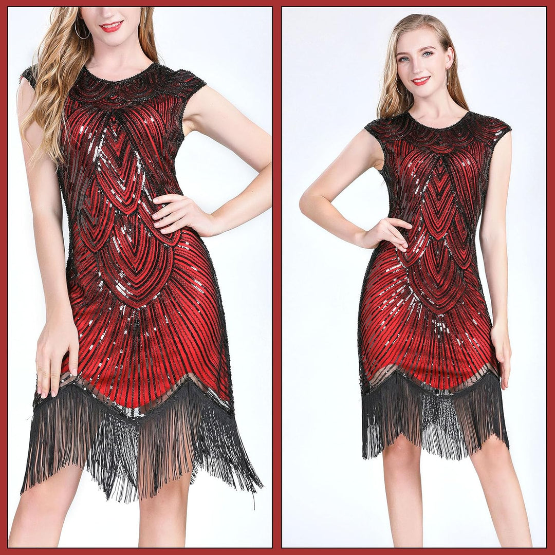 PLULON 1920er-Jahre-Flapperkleid mit Pailletten, Perlen und Fransen, Set mit 20er-Jahre-Accessoires