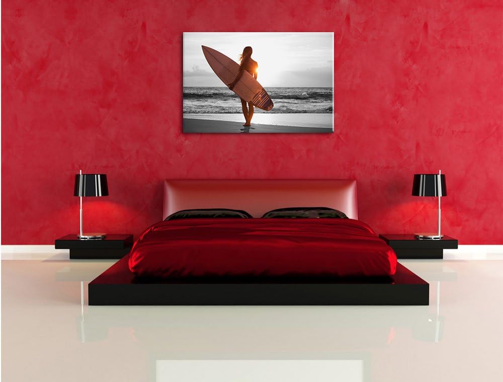 Pixxprint Surferin vor Sonnenuntergang als Leinwandbild/Grösse: 100x70 cm/Wandbild/Kunstdruck/fertig