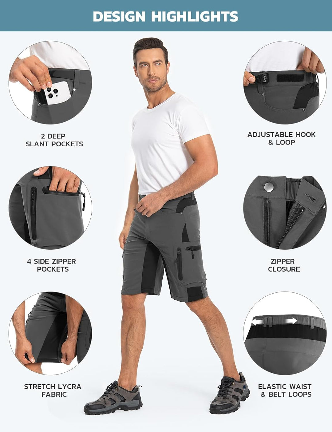 Hiauspor Kurze Hosen Herren, Leichte Wanderhose Atmungsaktiv Schnelltrocknen Cargo Bermuda Shorts El