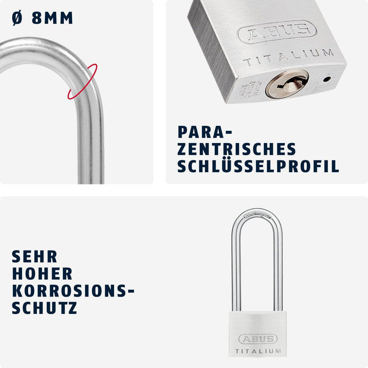 ABUS Vorhängeschloss Titalium 64TI/50HB80 mit hohem Bügel - Kellerschloss mit Schlosskörper aus Spez