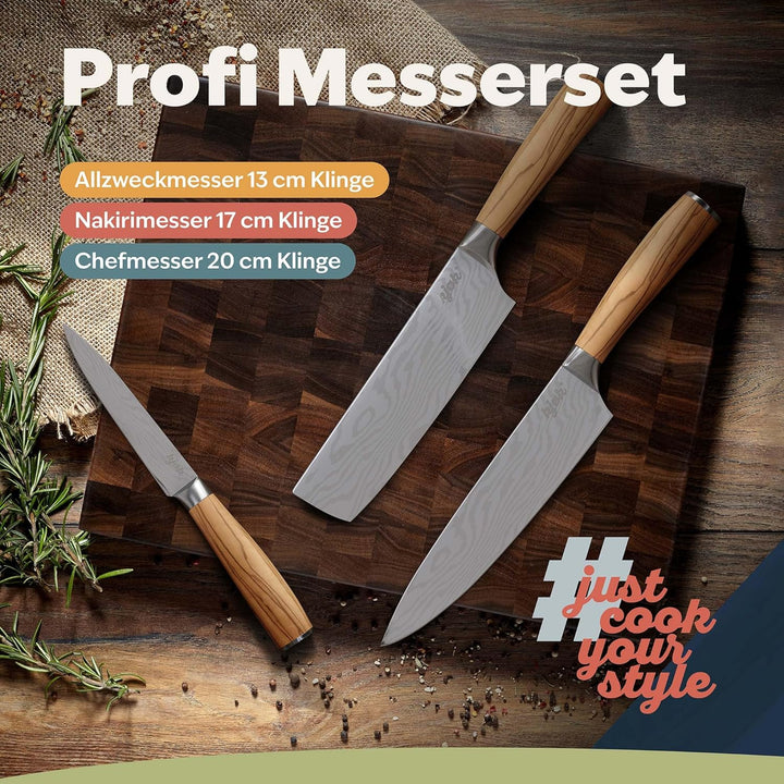 kjøk Premium Messerset Härte 58±2 HRC Asia Küchenmesser Set 3-tlg hochwertig mit Damastmesser-Muster