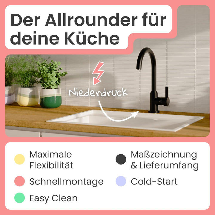 instmaier K3 Niederdruck Küchenarmatur | Wasserhahn Küche Schwarz matt | Spültischarmatur mit hohem