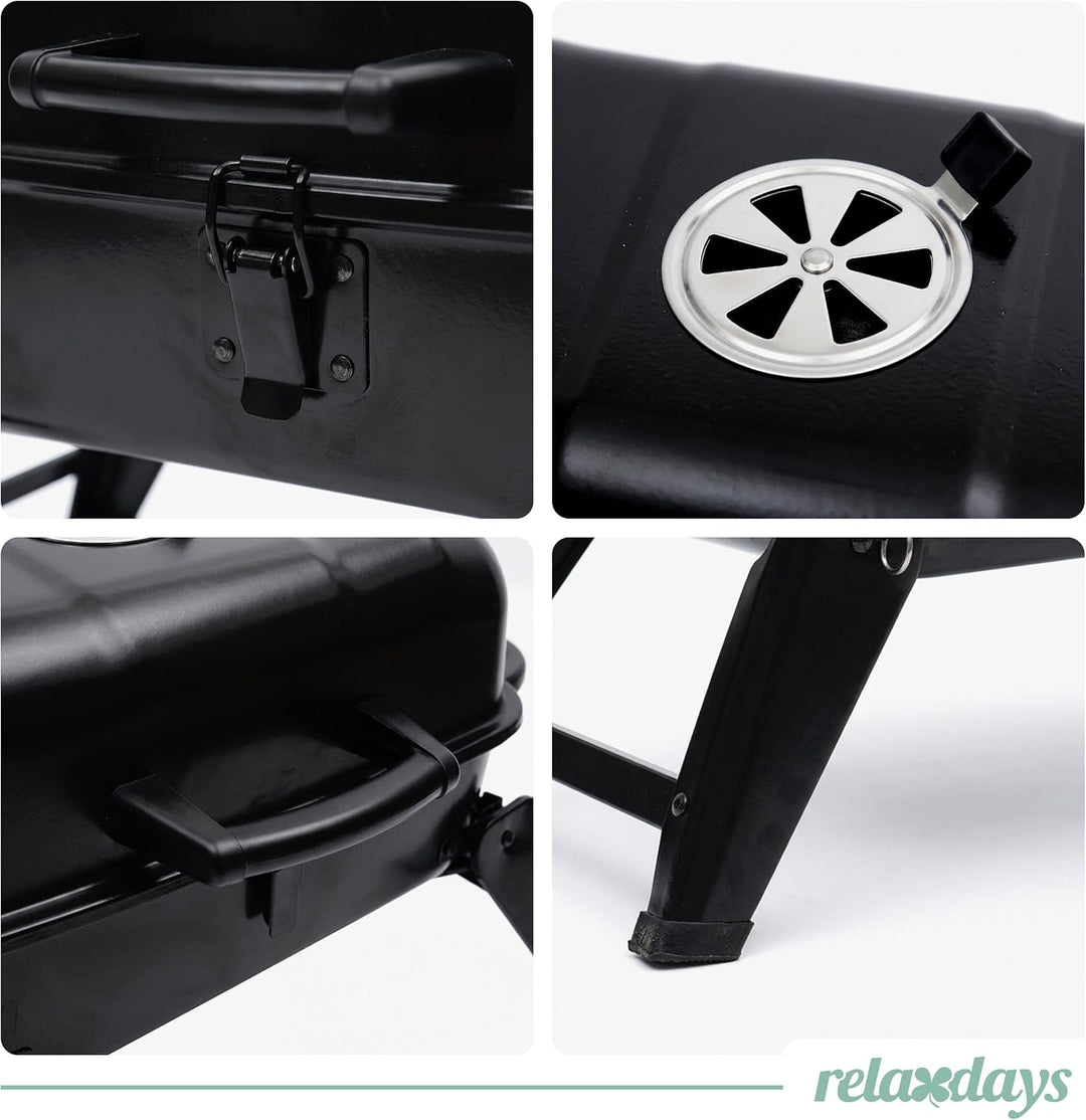 Relaxdays Tischgrill, tragbarer Klappgrill, HBT: 34 x 59 x 36 cm, Warmhalterost, Lüftung, Kohlegrill
