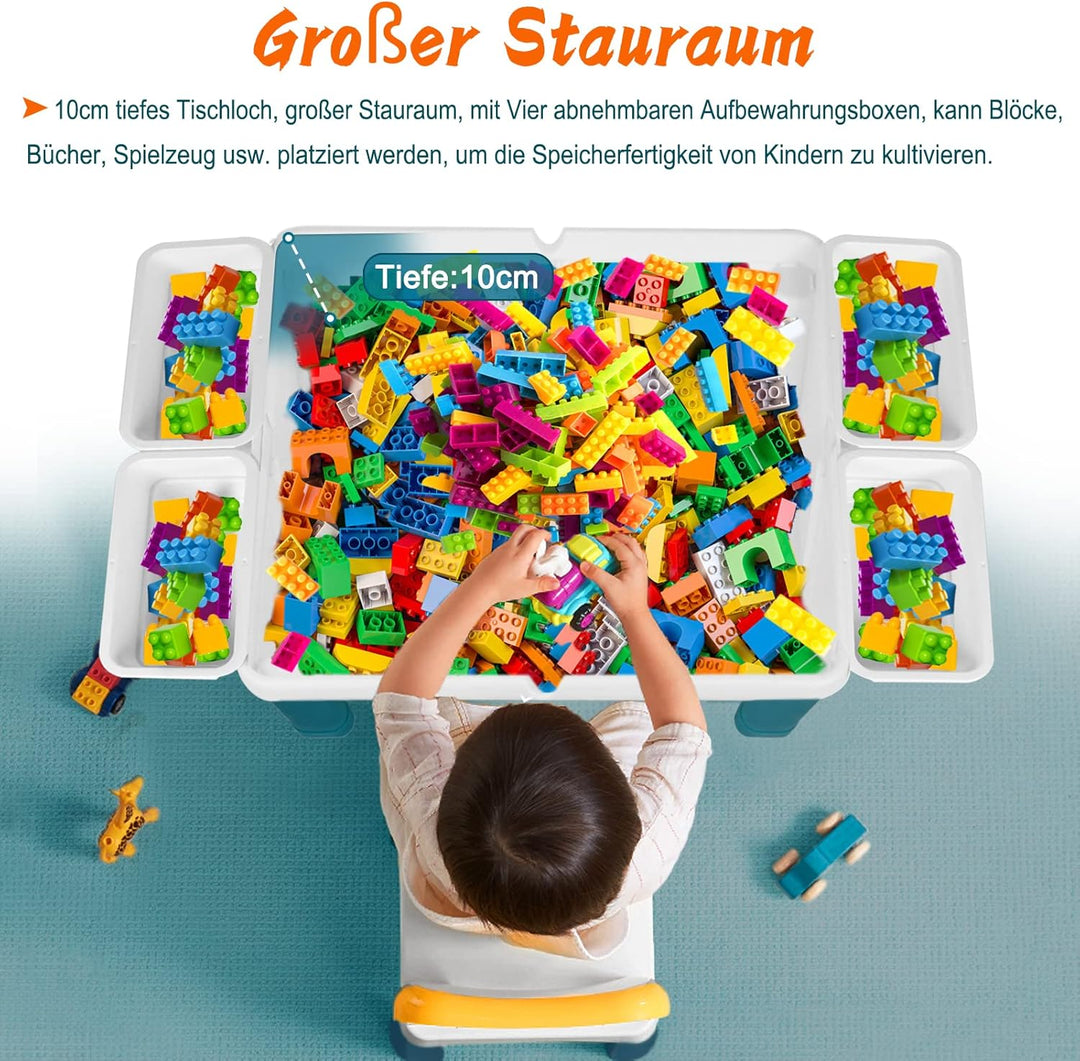 UISEBRT Kindertisch mit 2 Stühle Spieltisch mit 163 Stück Bausteine Multifunktionaler Aktivitätstisc