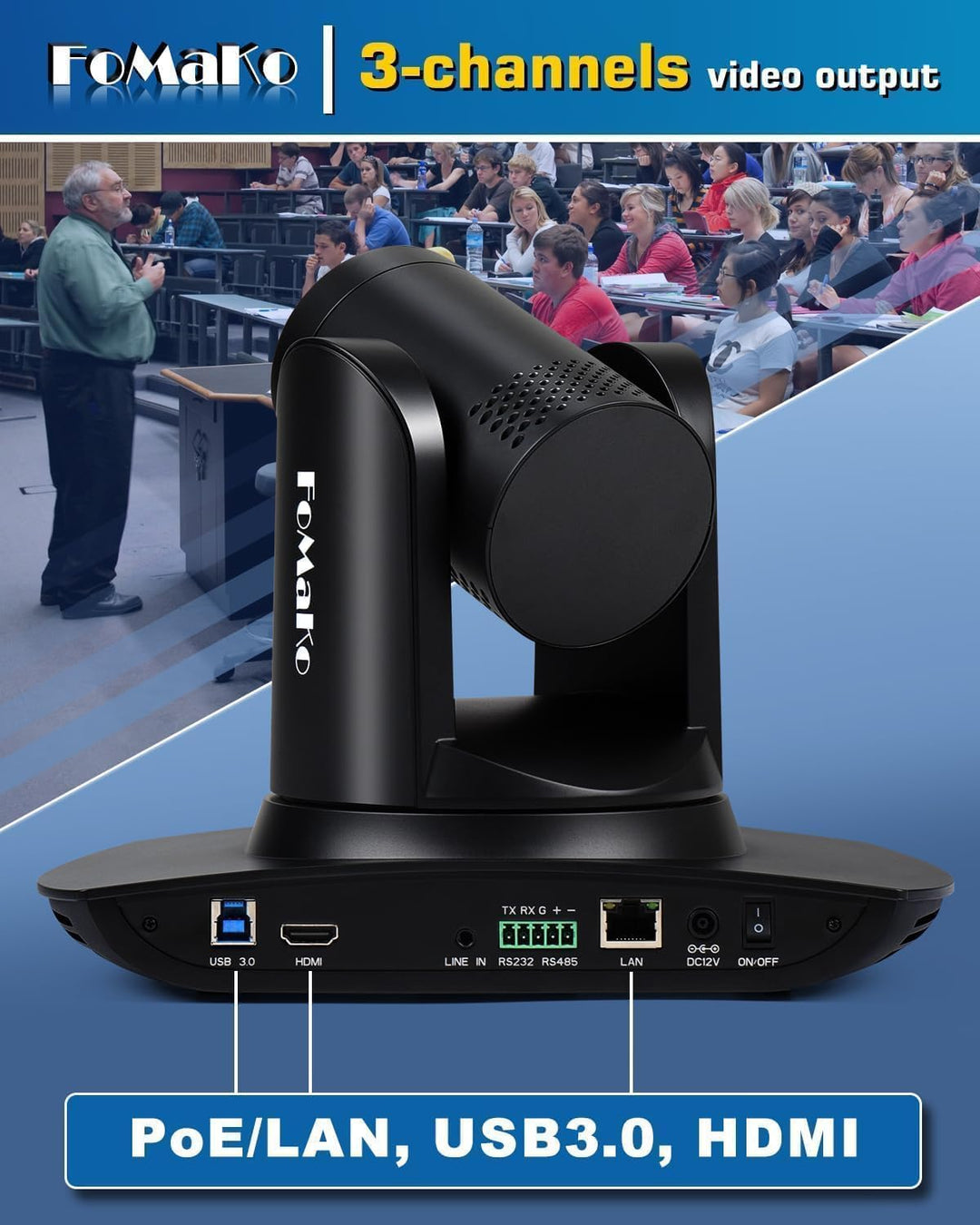 FoMaKo PTZ Kamera KI-Auto-Tracking 30x Optischer Zoom 1080p 60fps, mit HDMI/USB3.0/LAN(PoE) für Live