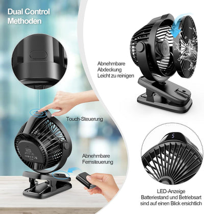 8000mAh Mini USB Clip Ventilator Akku, Klein Tischventilator leise mit Fernbedienung, LED-Anzeige, 5