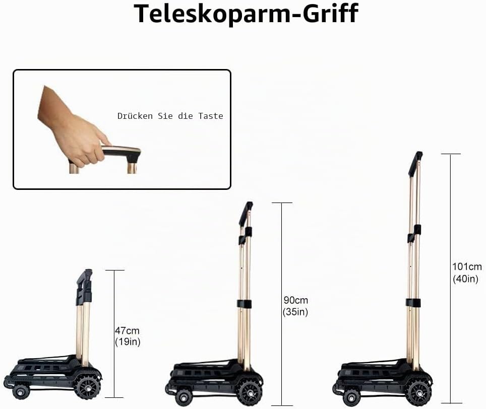Faltbarer Handwagen, geräuschlose, verschleissfeste PU-Tankräder und einstellbare Aluminium-Deichsel