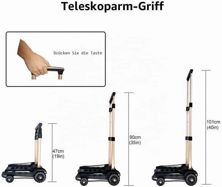 Faltbarer Handwagen, geräuschlose, verschleissfeste PU-Tankräder und einstellbare Aluminium-Deichsel