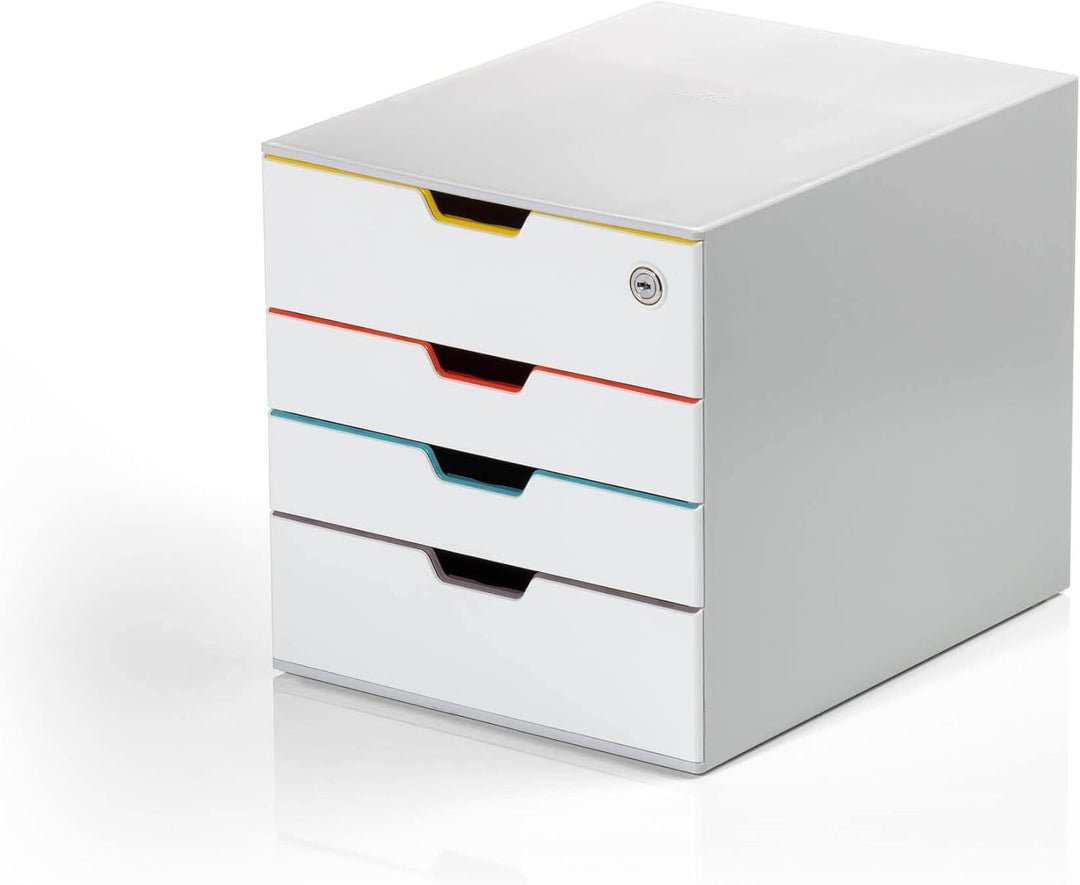 Durable Schubladenbox A4 (Varicolor Mix Safe) 4 Fächer, mit Schloss & Etiketten zur Beschriftung, me