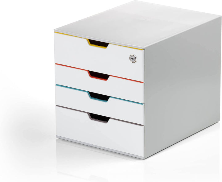 Durable Schubladenbox A4 (Varicolor Mix Safe) 4 Fächer, mit Schloss & Etiketten zur Beschriftung, me