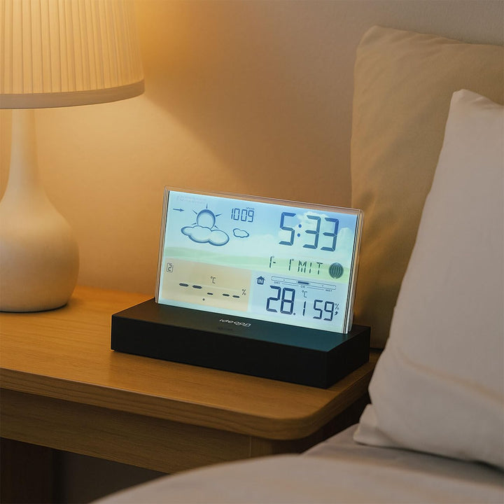 ideoon Moderne Funk-Wetterstation farbig: Rahmenloses LCD-Display für präzise Wetterprognose & Hygro