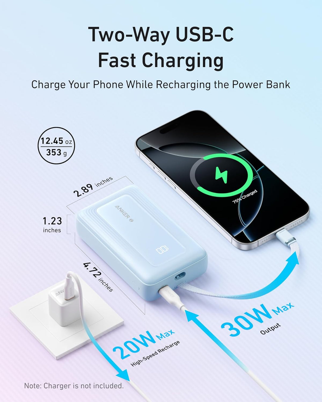 Anker Power Bank, Powerbank 20000mAh 30W mit integriertem USB-C Kabel, High-Speed portables Ladegerä
