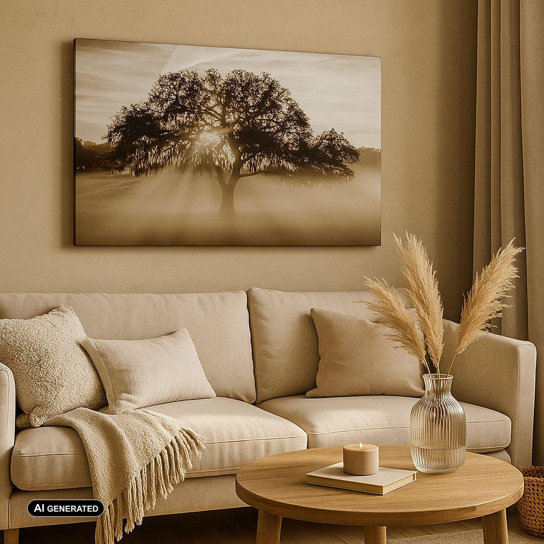 Bilder auf Leinwand Baum Feld Natur Leinwandbild mit Rahmen 70x50cm Wandbilder Dekoration Wohnzimmer