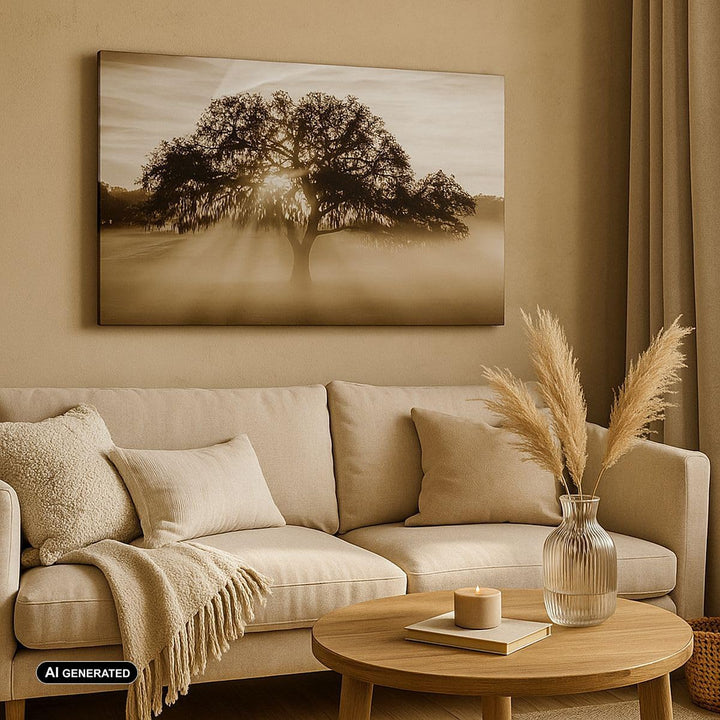 Bilder auf Leinwand Baum Feld Natur Leinwandbild mit Rahmen 70x50cm Wandbilder Dekoration Wohnzimmer
