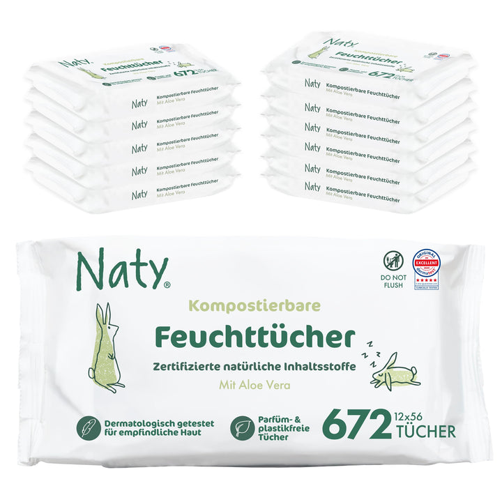 Eco by Naty Parfümfreie Aloe Vera Baby Feuchttücher - 100 % kompostierbare und pflanzliche Tücher, g