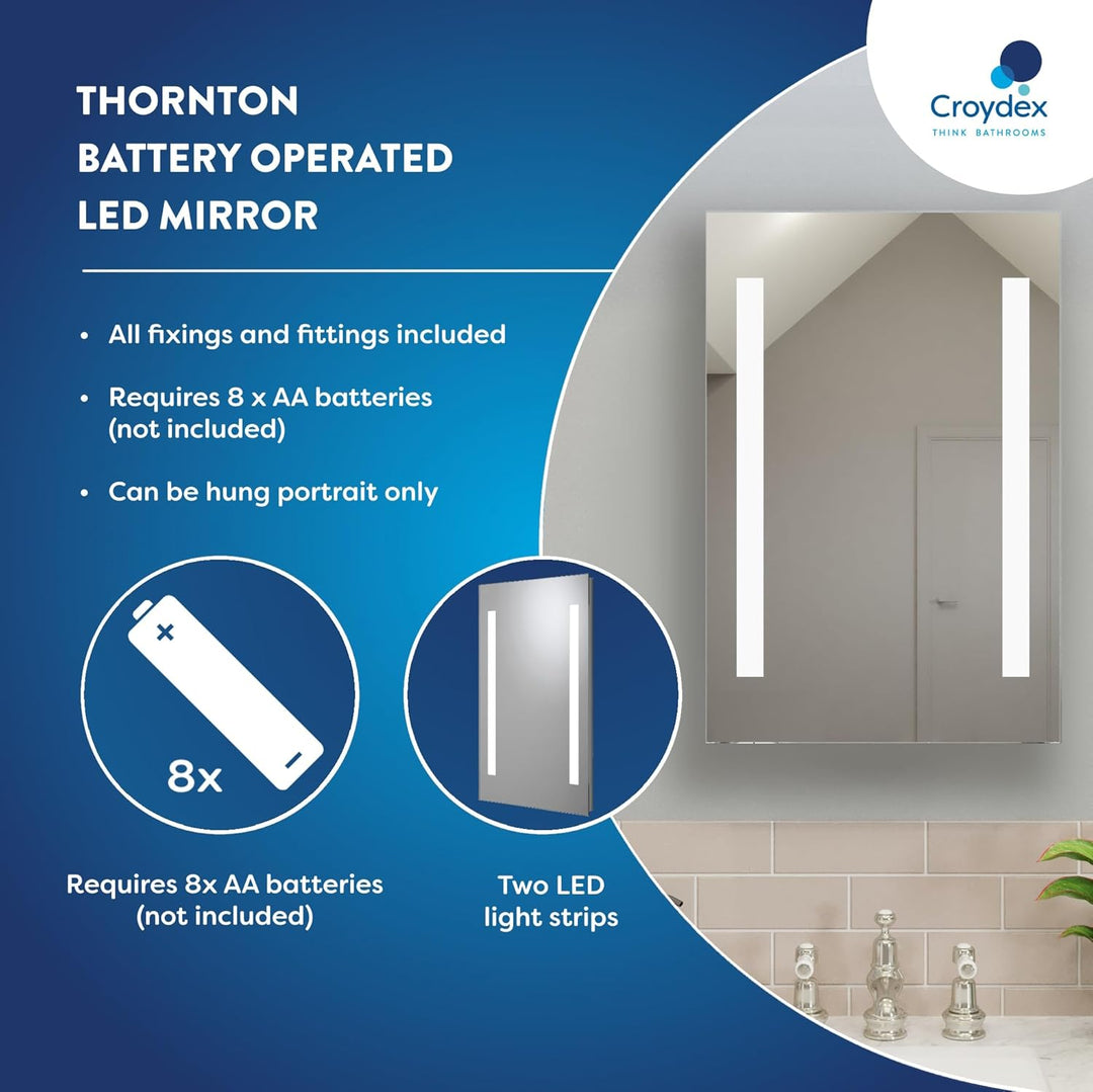 Croydex Thornton Hang 'N' Lock beleuchteter rechteckiger Spiegel mit zwei LED-Lichtleisten 60 x 40 x