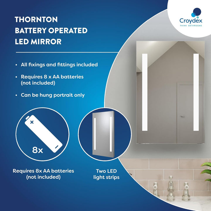 Croydex Thornton Hang 'N' Lock beleuchteter rechteckiger Spiegel mit zwei LED-Lichtleisten 60 x 40 x
