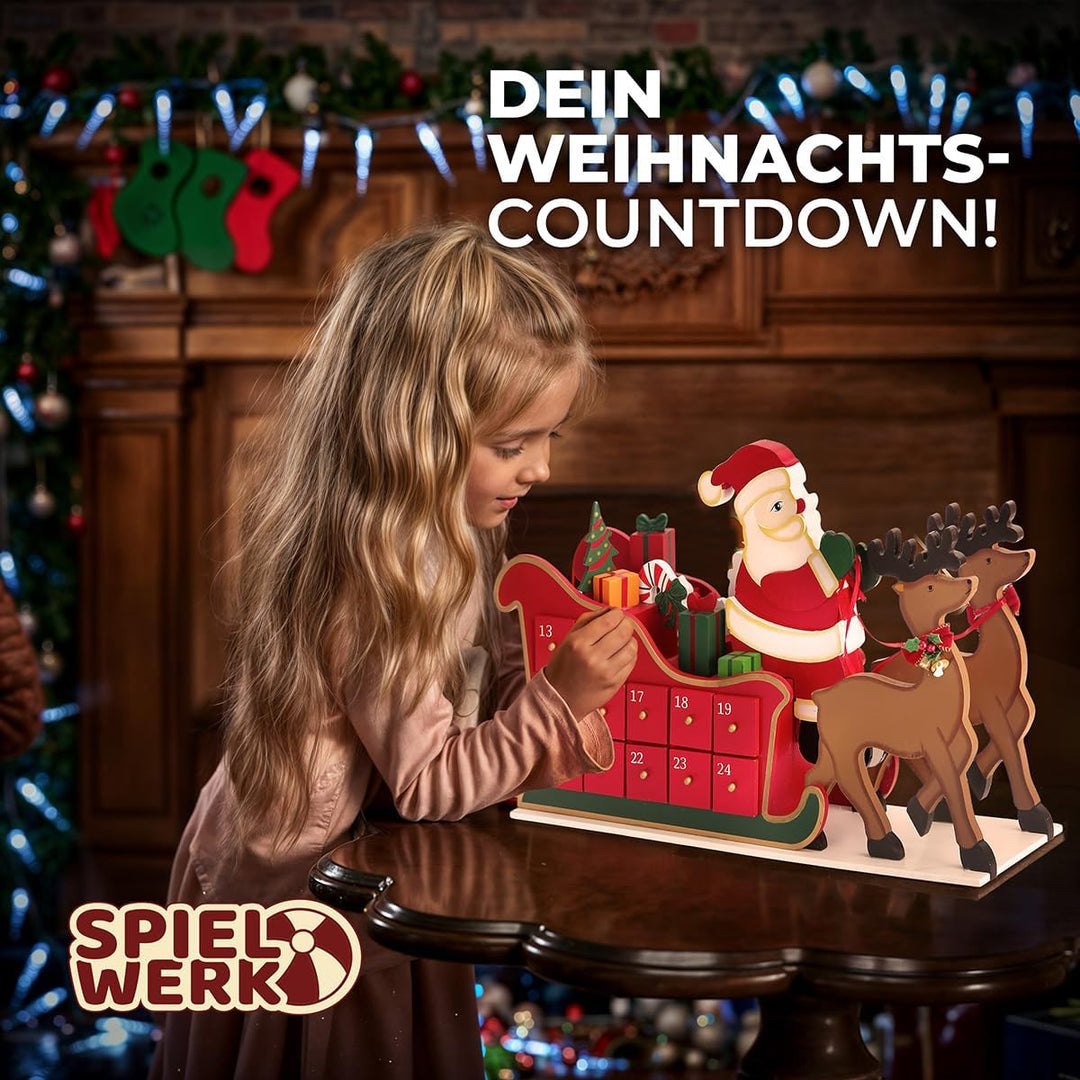 Spielwerk® Wiederverwendbarer Adventskalender Schlitten zum Befüllen 24 Türchen Bunt Bemalt Weihnach