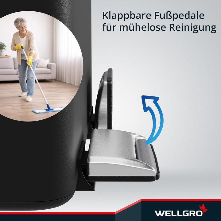 WELLGRO Mülleimer Küche 30 Liter – Edelstahl Treteimer 2x15 Liter schwarz mit Softclose-Deckel, Müll