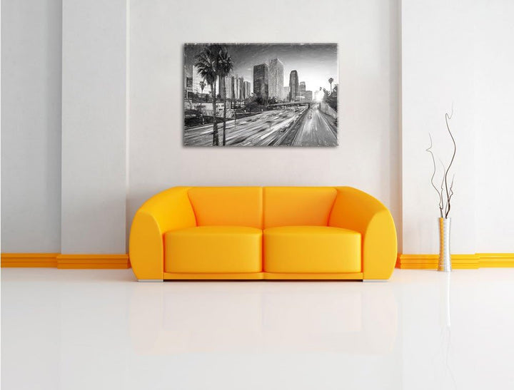 Pixxprint Strassenverkehr in Los Angeles Kohle Zeichnung Effekt, Format: 100x70 auf Leinwand, XXL ri