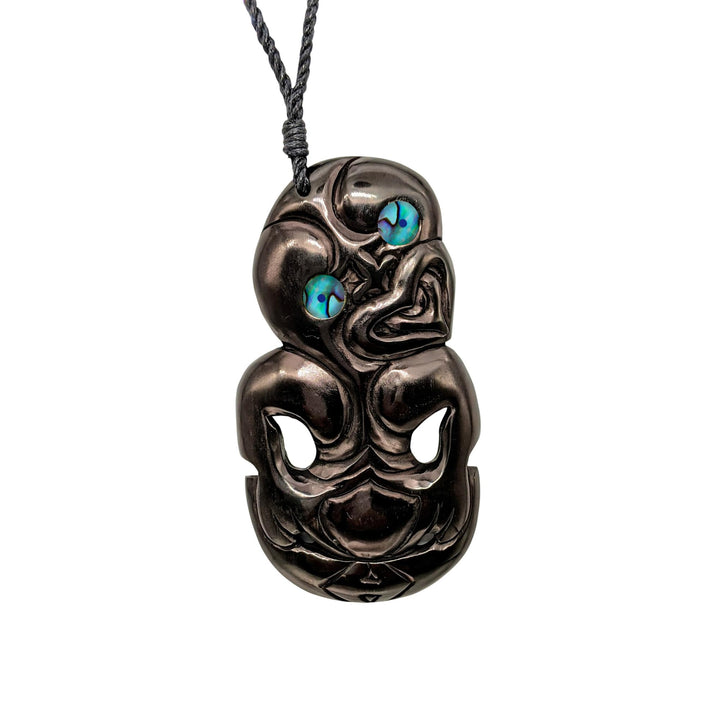 81stgeneration Unisex Geschnitzter Horn Paua Abalone Eyes Grosser HEI Tiki Anhänger Halskette