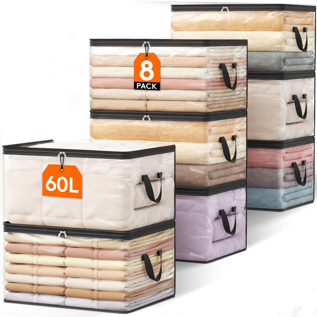 Lifewit 8er Pack Transparente Plastik Aufbewahrungstasche, 60L Kleiderschrank Organizer Aufbewahrung