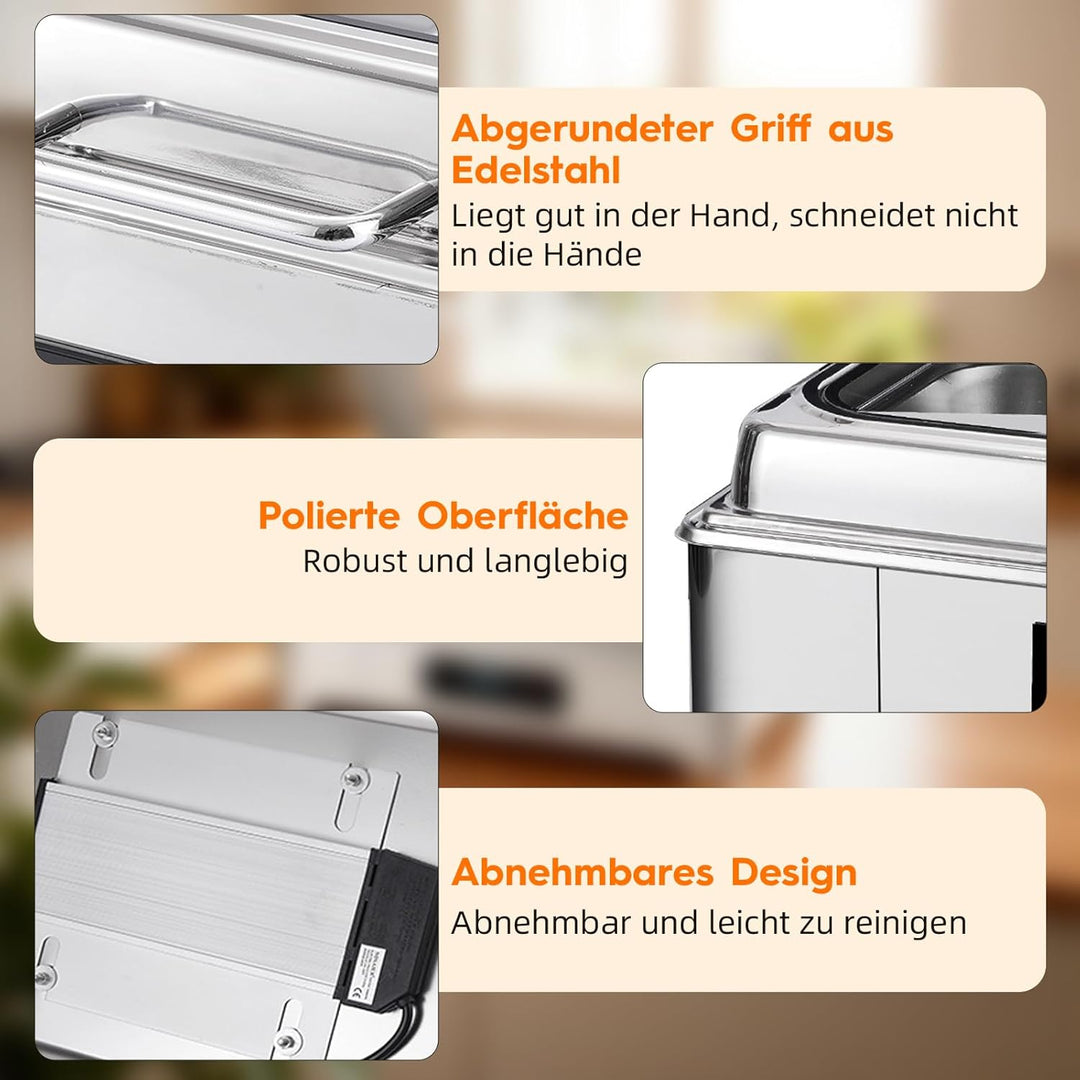 Elektrischer Chafing Dish, 9L Edelstahl Speisewärmer, Buffetwärmer Einstellbare Temperatur, Warmhalt