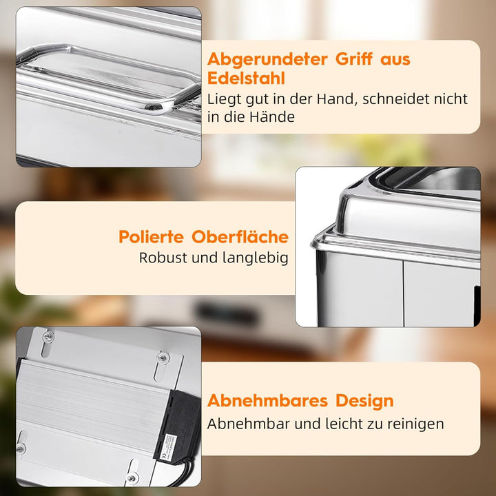 Elektrischer Chafing Dish, 9L Edelstahl Speisewärmer, Buffetwärmer Einstellbare Temperatur, Warmhalt