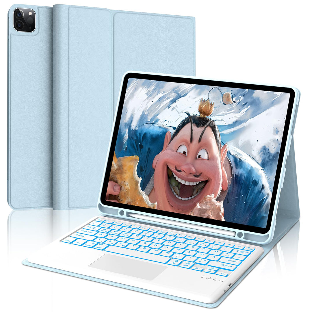Hülle mit Tastatur für iPad Pro 12.9 (6/5/4/3 Gen), 7 Farben Beleuchtung, Multi Touch Trackpad, Deut