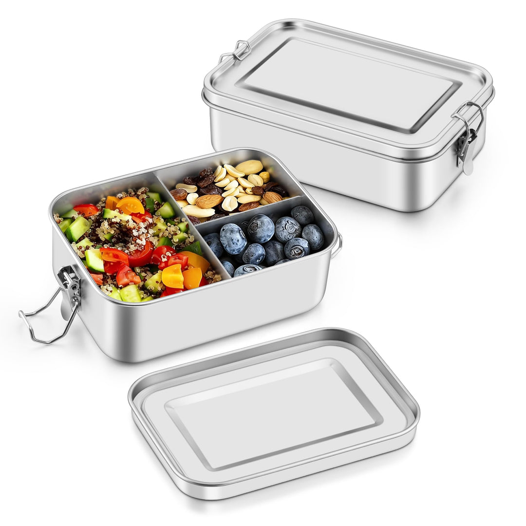 Onader Edelstahl Brotdose mit Fächern 2er Set, 2400ml Gross Bento Box Lunchbox mit Abnehmbar Trennwa
