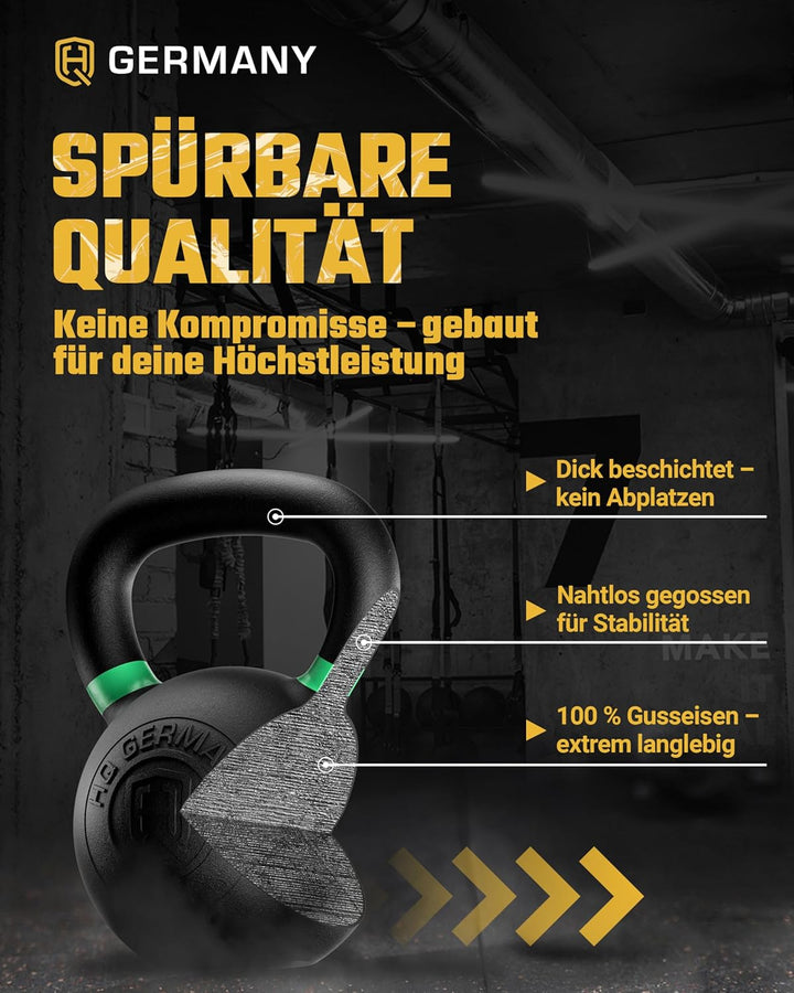 HQ Germany® Kettlebell Powdercoat [Pulverbeschichtung] - Kugelhantel 2-32kg | Vollguss ohne Schweiss
