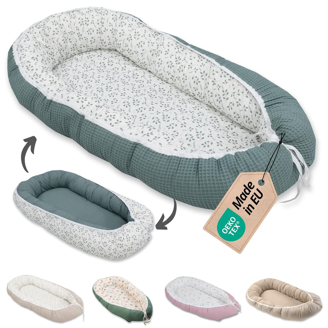ULLENBOOM ® Babynest & Kuschelnest (55x95 cm) Floral-Grün (Made in EU) - Babynestchen für Neugeboren