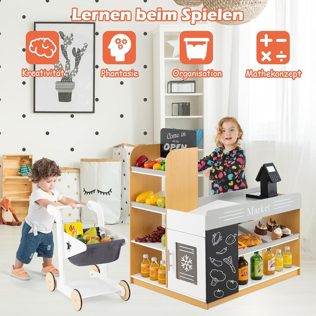 GOPLUS Kaufladen mit Einkaufswagen, Kaufmannsladen mit Kasse & 2 Tafel, Einkaufsladen Kinder mit ink