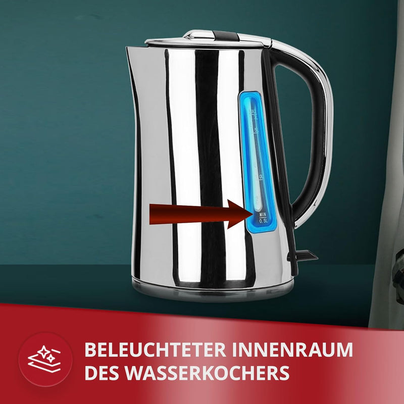 MPM MCZ-71P Elektrischer Wasserkocher, 1,7 Liter, modernes Design, BPA-freier Edelstahl, Verdecktes