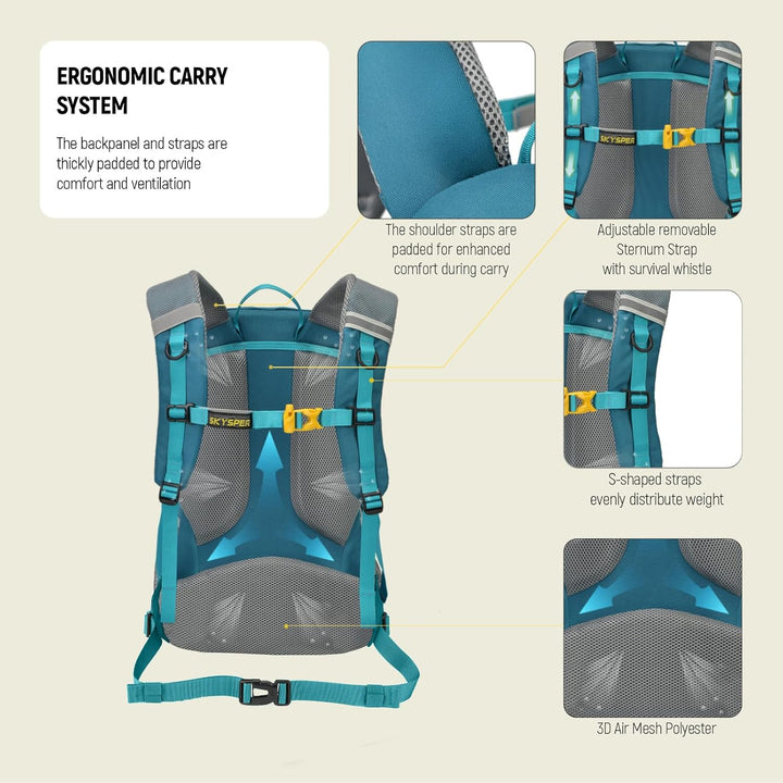 SKYSPER Wanderrucksack 25L, Klein Rucksack mit Rückenbelüftung aus atmungsaktivem 3D Air Mesh Tagesr
