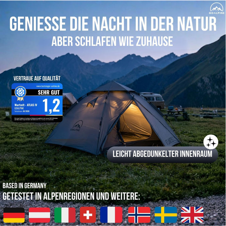GOALPINE® Atlas IV Wurfzelt Pop-up Zelt für 2-4 grosse Personen, 100% Wasserdicht, in 40 Sekunden au