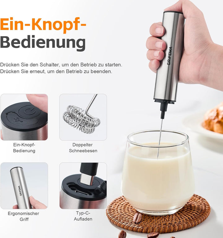 GRIFEMA Milchaufschäumer Stab Elektrisch, Tragbar Milk Frother Aufladbar, 13000 U/min, handmilchaufs