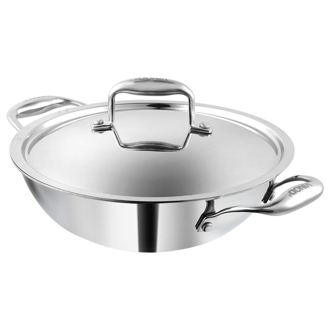 Vinod Platinum Triply Edelstahl-Kadai, geeignet für indische Küche, Saucen, Eintöpfe, Suppen, extra