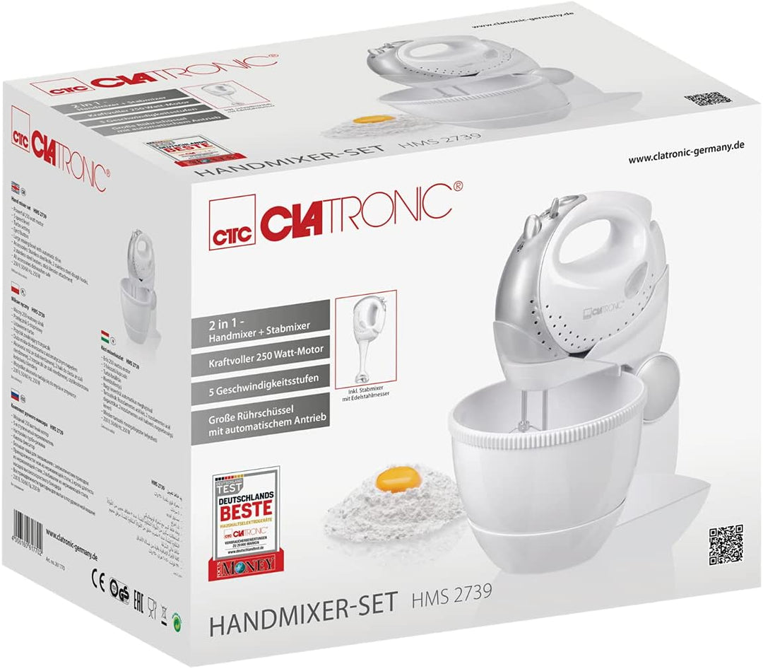 Clatronic 2in1 Handmixer-Set HMS 2739 mit Mixstab, Edelstahlquirle & -knethaken, 5 Geschwindigkeitss
