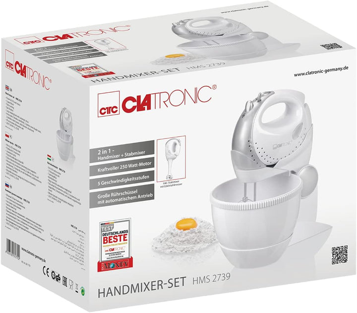 Clatronic 2in1 Handmixer-Set HMS 2739 mit Mixstab, Edelstahlquirle & -knethaken, 5 Geschwindigkeitss