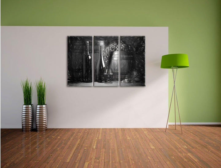 Pixxprint Fässer mit Weintrauben und Wein als Leinwandbild/Grösse: 3 Teilig (120x80) cm/Wandbild/Kun