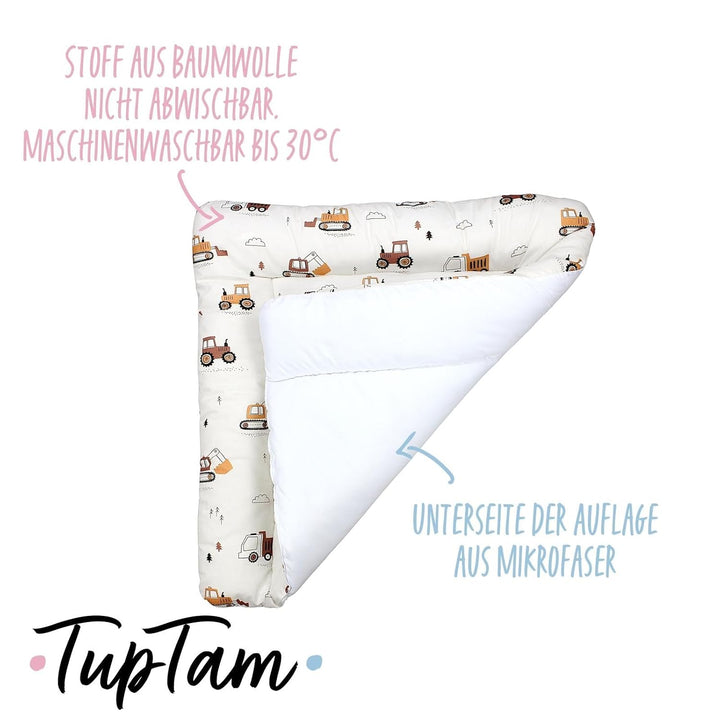 TupTam Baby Wickeltischauflage mit Baumwollbezug Gemustert, Farbe: Baufahrzeuge/Bagger/Beige, Grösse