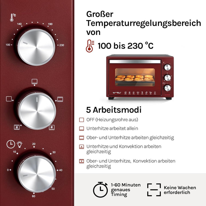 WOLTU Mini Backofen 28 L, Pizzaofen 1600 W, 100-230 °C, Timer 0-60 Min., 3 Heizmodi, inkl. Backblech