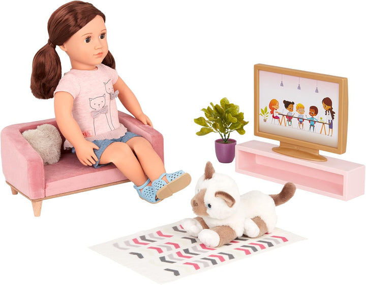 Our Generation – OG Lovely Wohnzimmerset – Puppenhausmöbel – Couch, Teppich & TV-Gerät – 46 cm Puppe