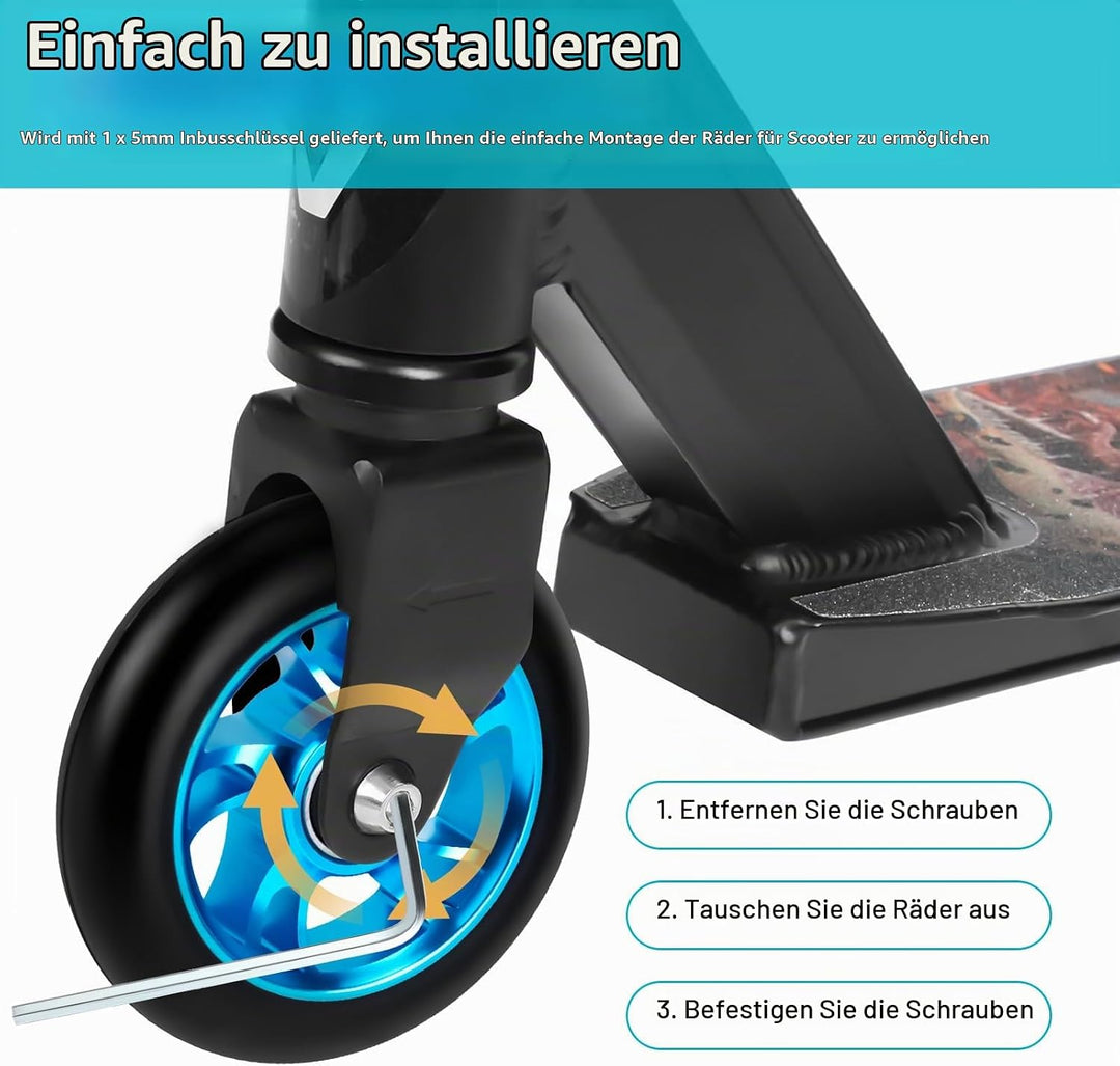 100mm Scooter Rollen Ersatzräder, 2 Stück 88A Stunt Scooter Rollen mit ABEC-9 Lager aus Aluminiumleg