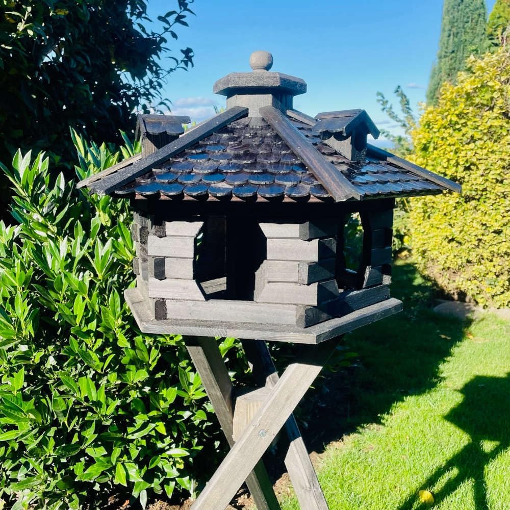 Vogelfutterhaus XL Sechseck Vogelhaus + Ständer Futterstelle Dunkelbraun XL mit Ständer Dunkelbraun,